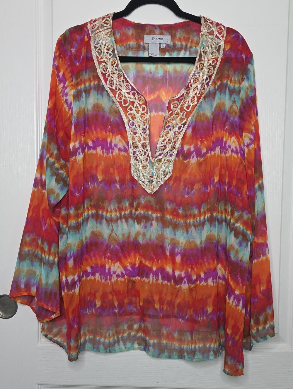 Theme Multicolor Tie-Dye Tunic with Cream Lace V-Neck